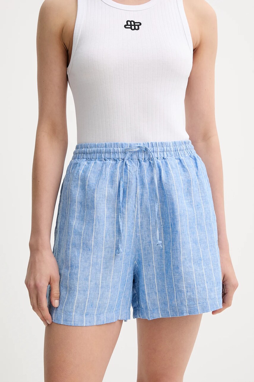 Samsoe Samsoe pantaloni scurți  din in MAREN culoarea verde, uni, high waist, F23900001