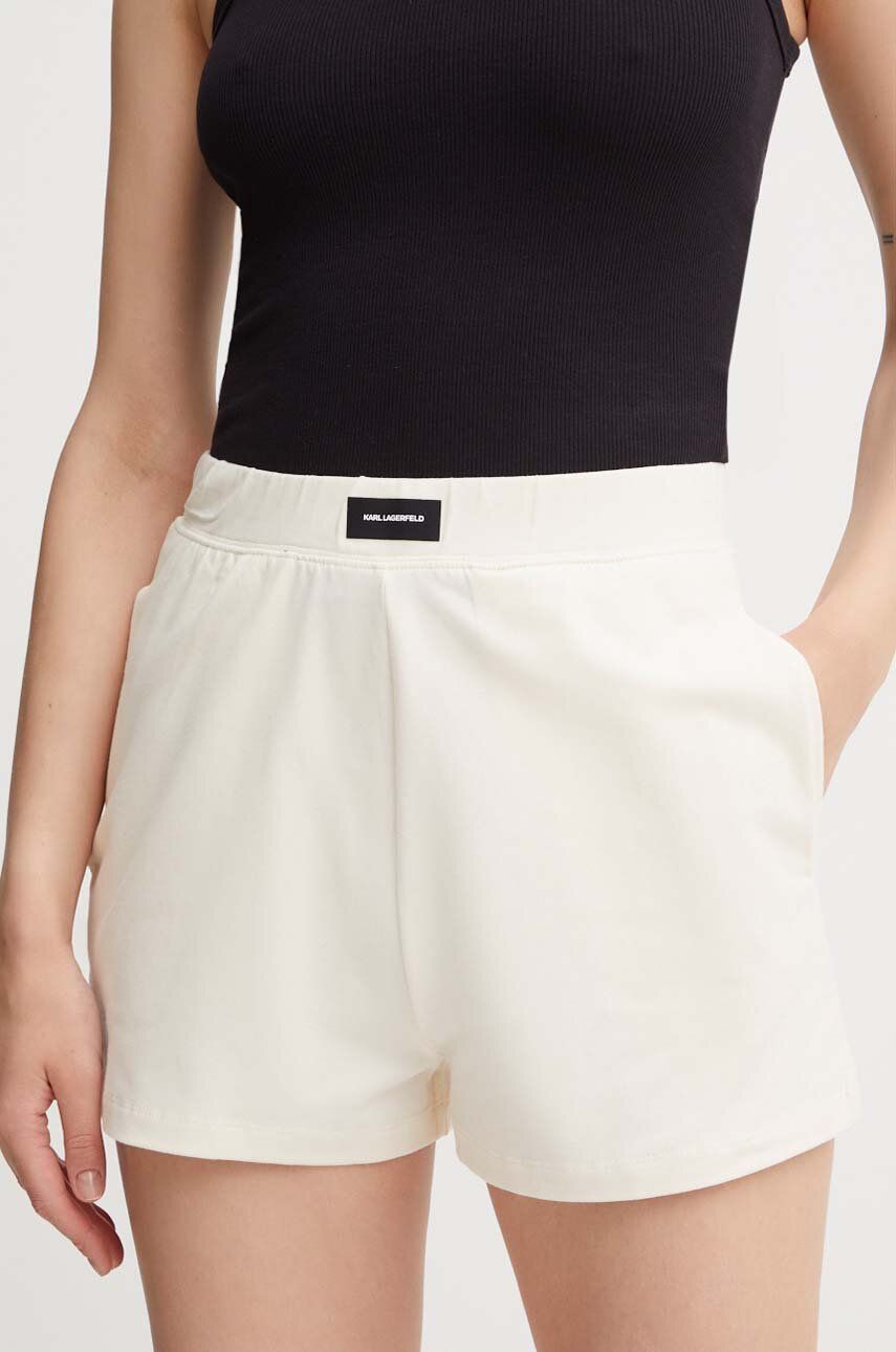 Karl Lagerfeld pantaloni scurti femei, culoarea bej, neted, high waist, 245W2190