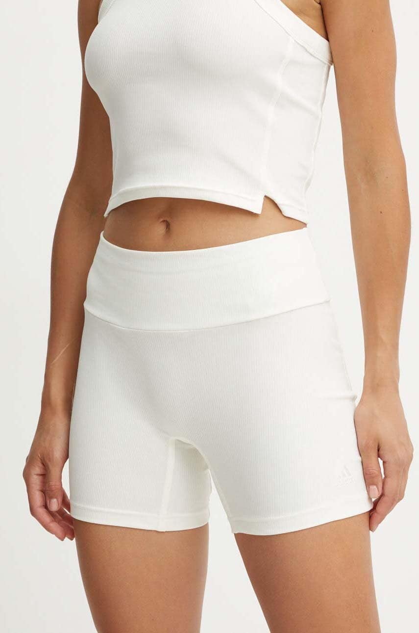 adidas pantaloni scurti All SZN femei, culoarea bej, neted, high waist, IY6740 adidas pantaloni scurti All SZN femei, culoarea bej, neted, high waist, IY6740