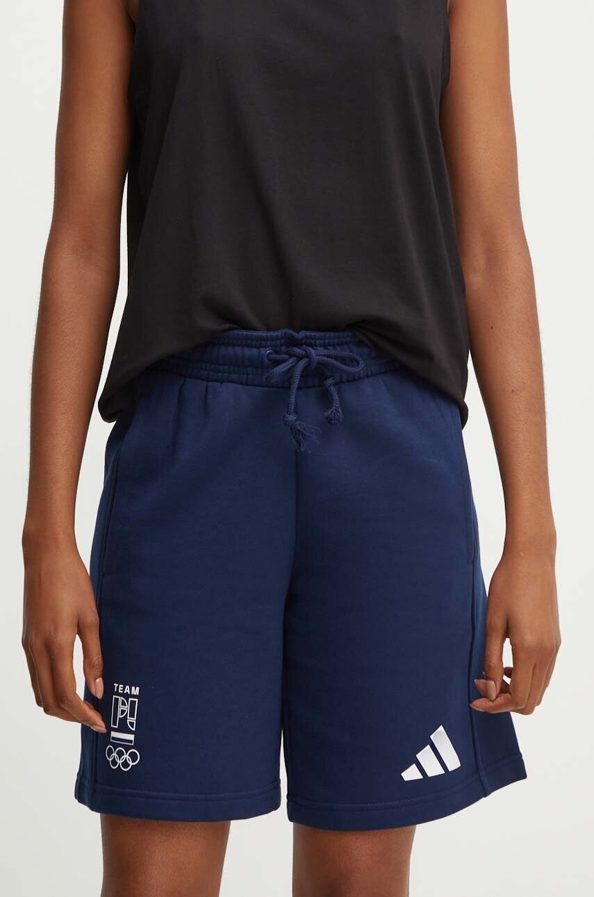 adidas Performance pantaloni scurti Polska femei, culoarea albastru marin, cu imprimeu, high waist, JF9049