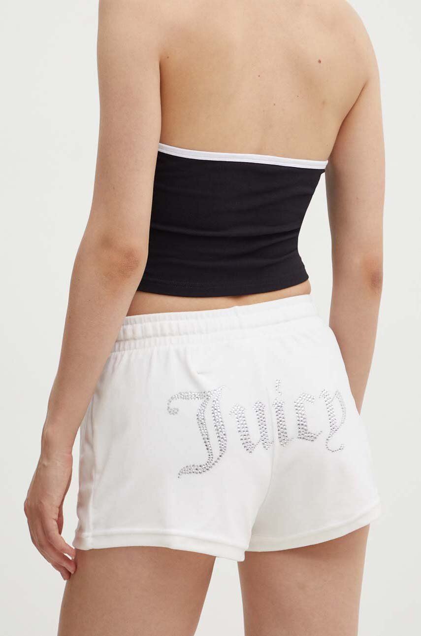 Juicy Couture pantaloni scurti TAMIA SHORTS femei, culoarea alb, cu imprimeu, high waist, JCWH121001