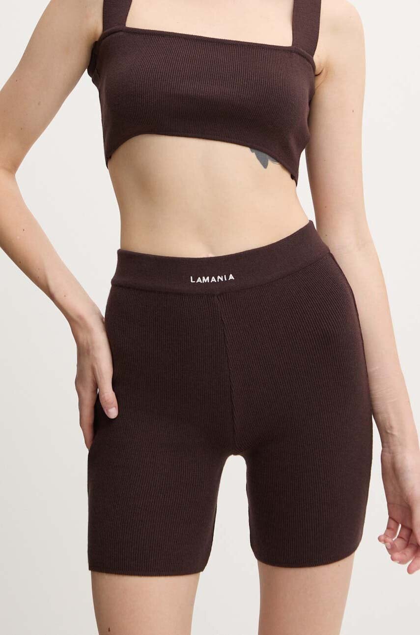 La Mania pantaloni scurti femei, culoarea maro, neted, high waist, ENDING
