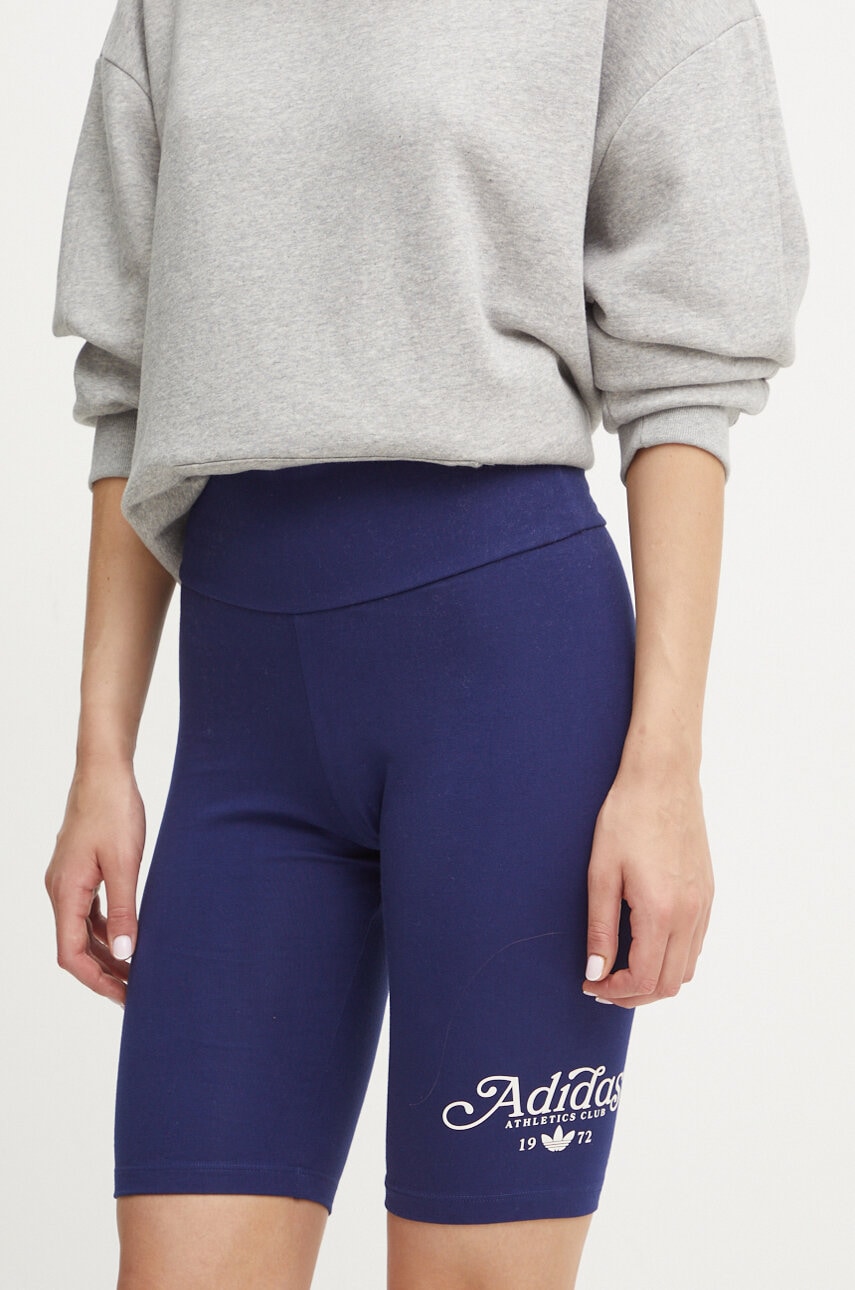 adidas Originals pantaloni scurti femei, culoarea albastru marin, cu imprimeu, high waist, IX3548