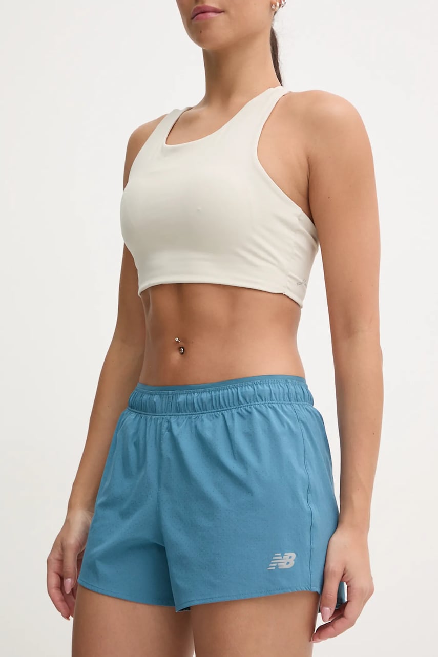 New Balance pantaloni scurți de alergare culoarea verde, uni, medium waist, WS41286TEI New Balance pantaloni scurți de alergare culoarea verde, uni, medium waist, WS41286TEI