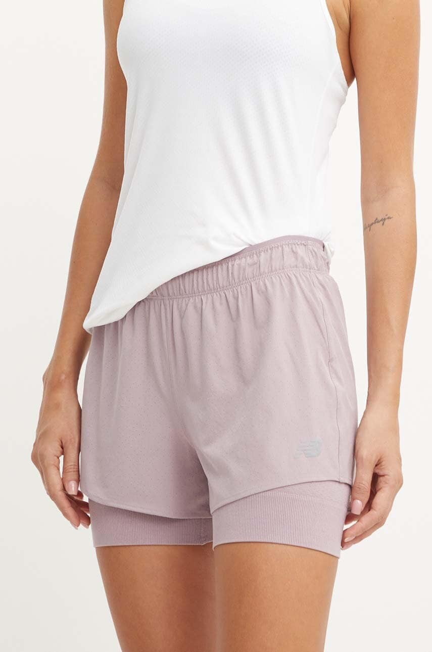 New Balance pantaloni scurți de alergare culoarea violet, neted, medium waist, WS41287ICW New Balance pantaloni scurți de alergare culoarea violet, neted, medium waist, WS41287ICW