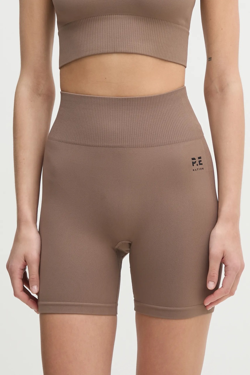 P.E Nation pantaloni scurți de antrenament Restore Seamless culoarea maro, neted, high waist, 243S296