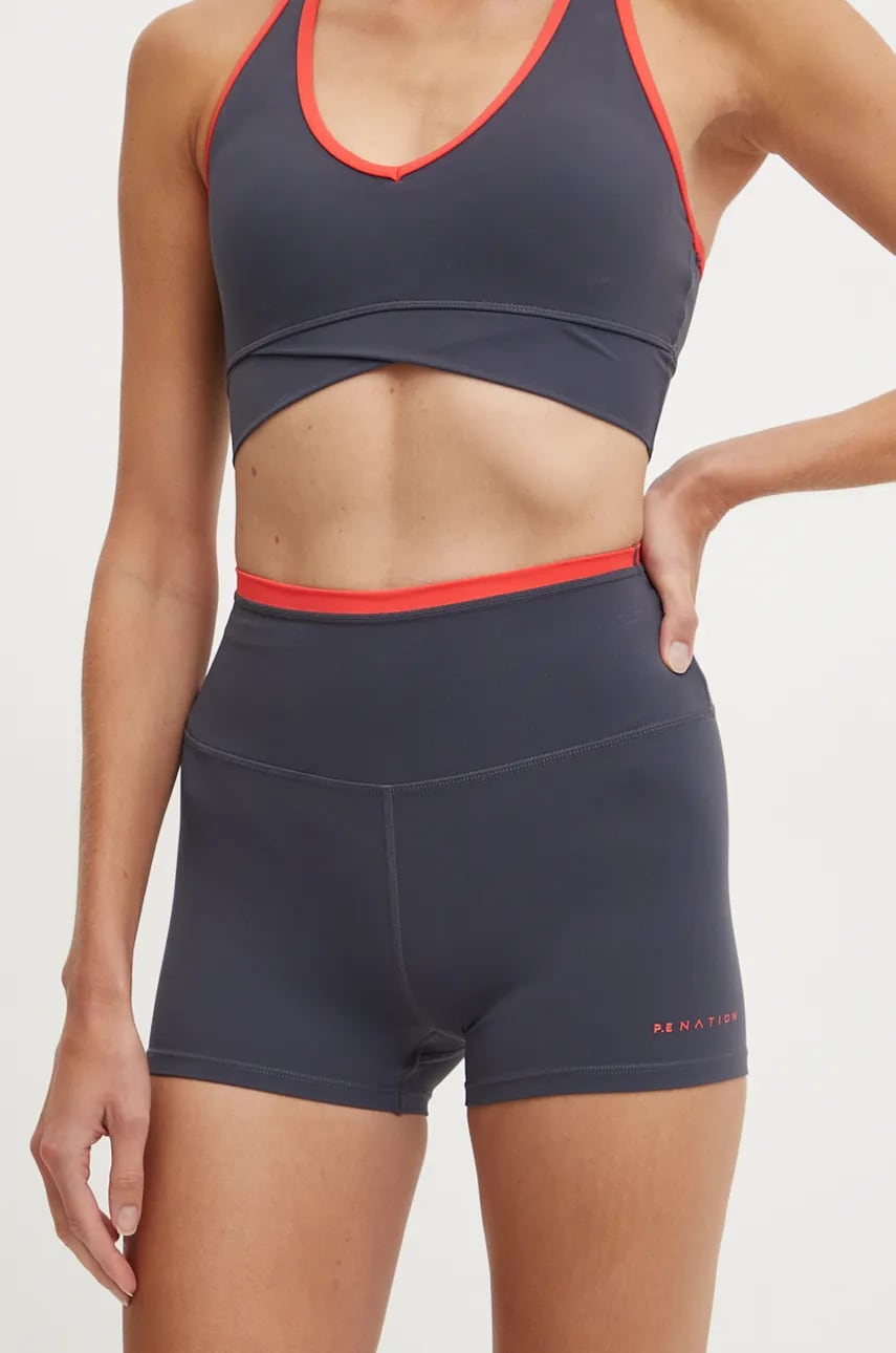 P.E Nation pantaloni scurti Vita femei, culoarea gri, cu imprimeu, high waist, 243S432 P.E Nation pantaloni scurti Vita femei, culoarea gri, cu imprimeu, high waist, 243S432