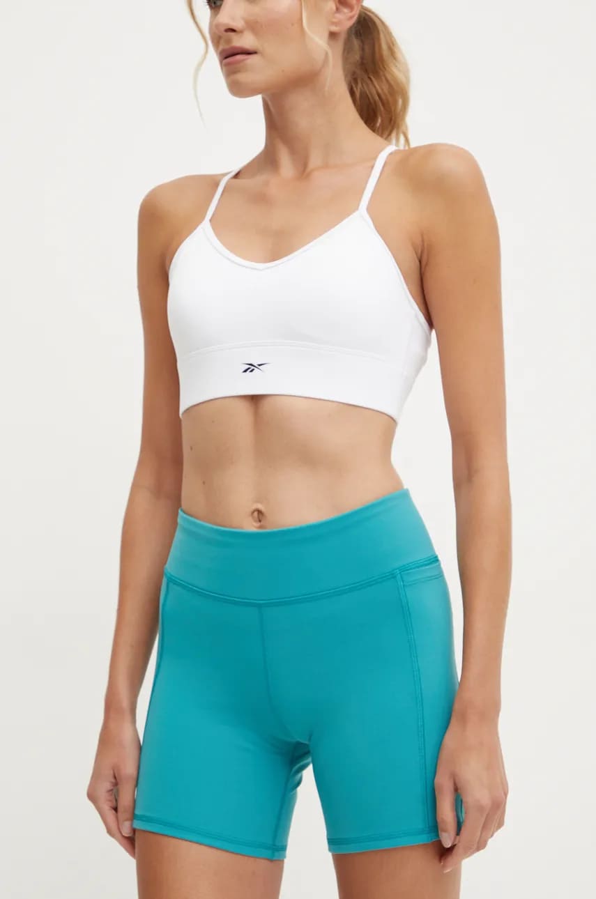 Reebok pantaloni scurți de antrenament LUX Collection culoarea turcoaz, neted, high waist, 100206175 Reebok pantaloni scurți de antrenament LUX Collection culoarea turcoaz, neted, high waist, 100206175