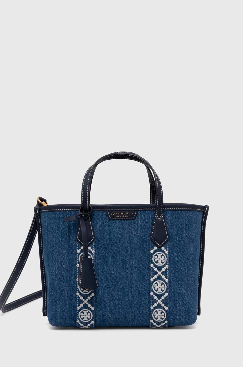 Tory Burch poseta Perry Denim Triple-Compartment Small culoarea albastru marin, 154619.426