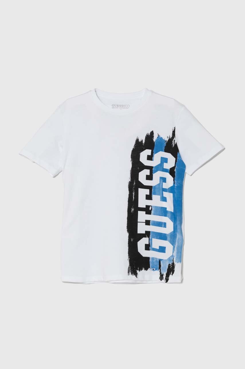 

Детска памучна тениска Guess в бяло с принт L4YI00 K8HM4, Бял