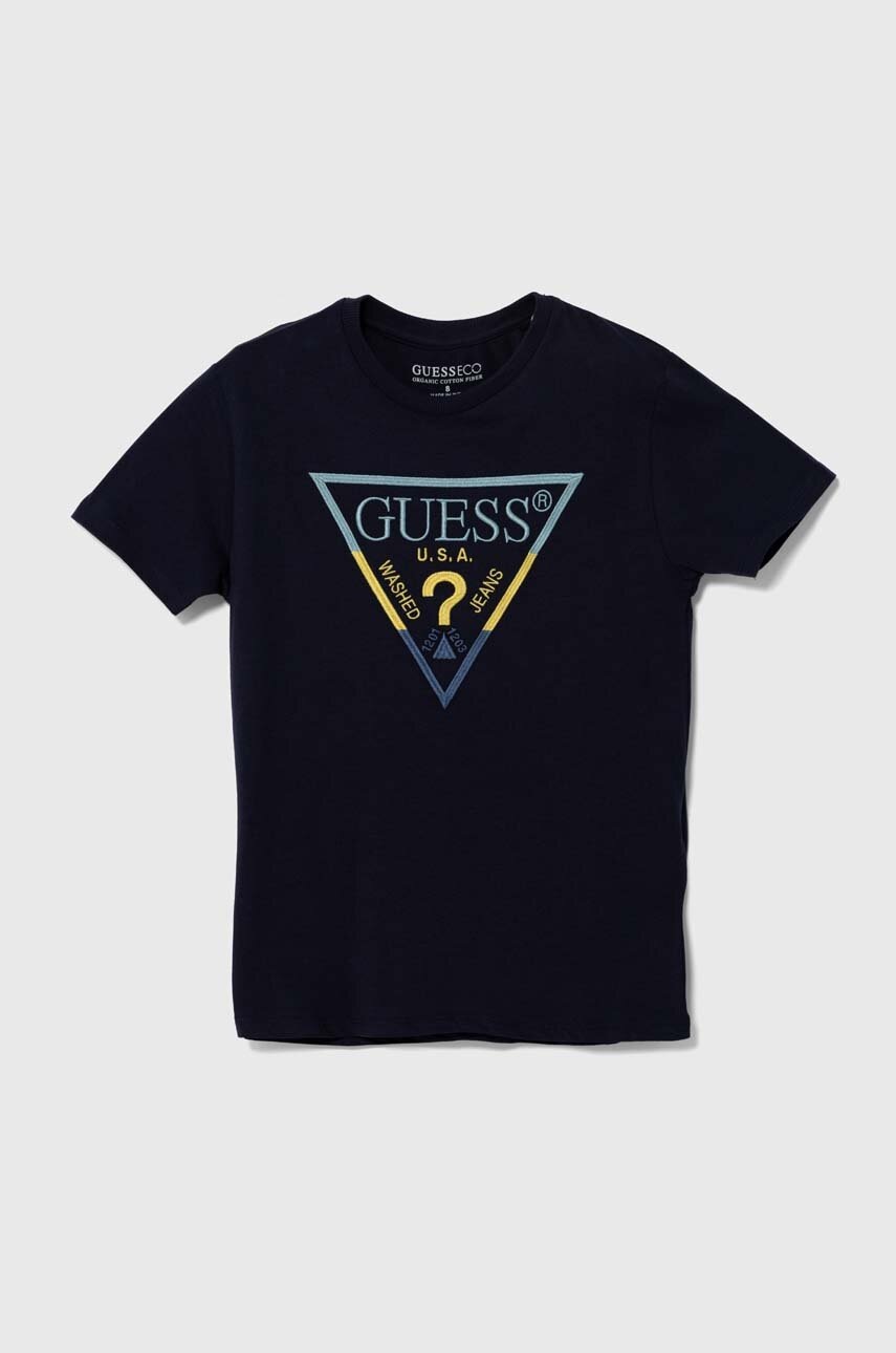 

Детска памучна тениска Guess в тъмносиньо с апликация L4YI06 K8HM4, Тъмносин