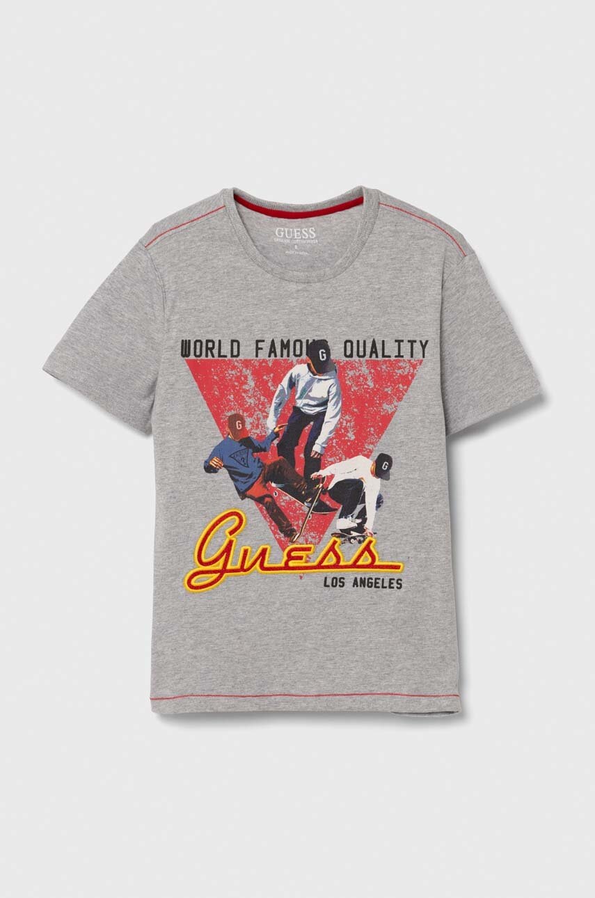 

Детска памучна тениска Guess в сиво с принт L4YI09 KAE90, Сив
