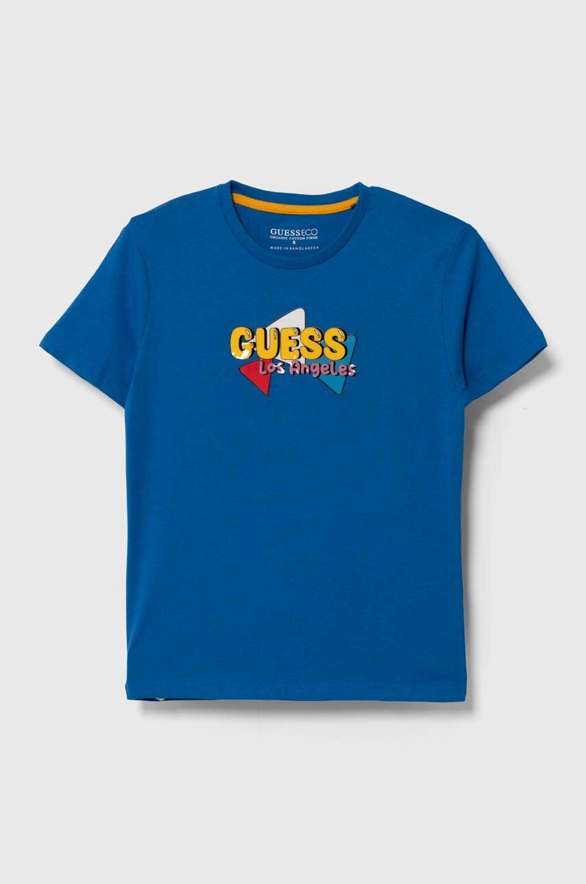 

Детска памучна тениска Guess в синьо с принт L4YI10 K8HM4, Син