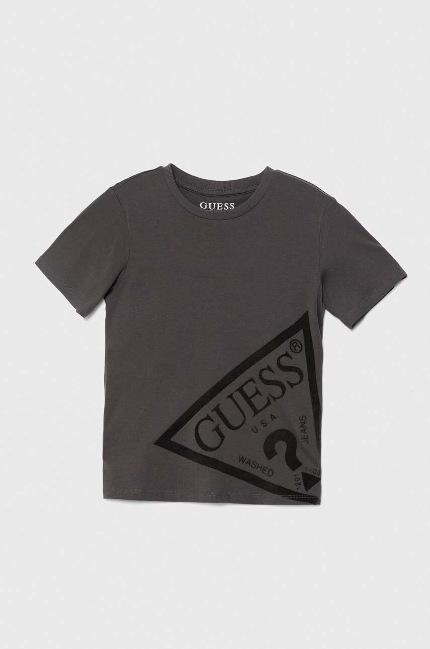 

Детска памучна тениска Guess в сиво с апликация L4YI32 K8HM4, Сив
