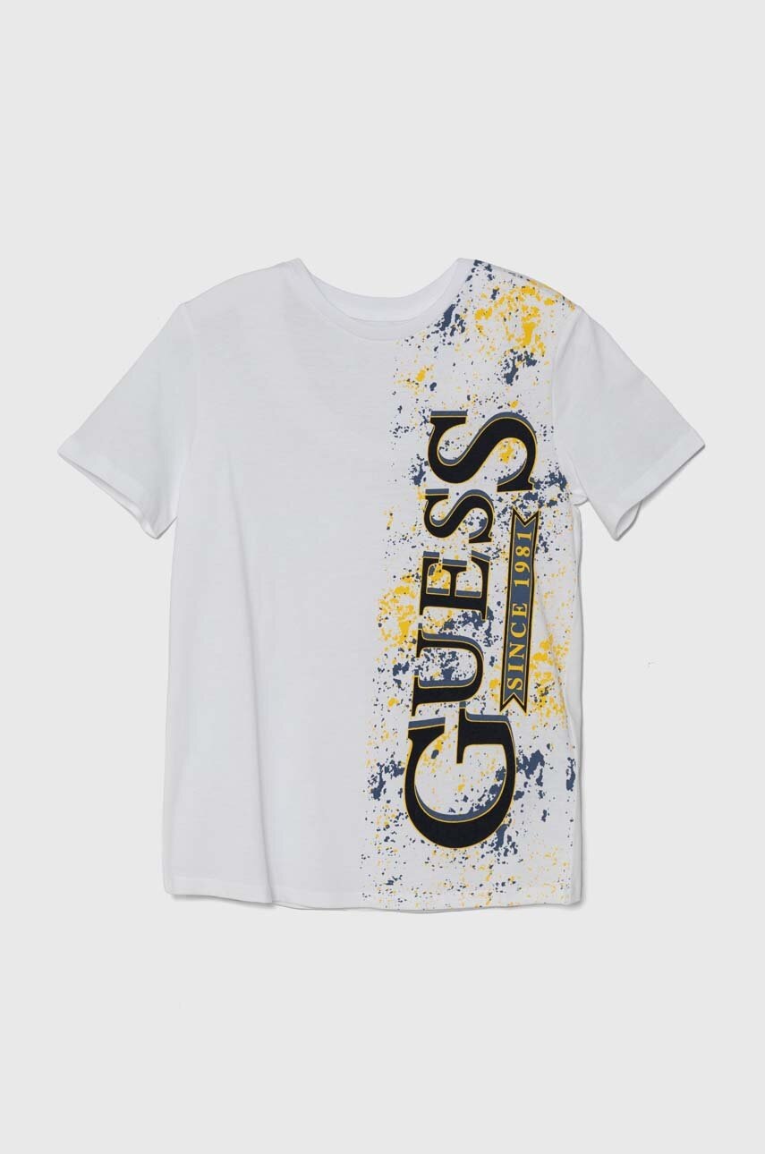 

Детска памучна тениска Guess в бяло с принт L4YI35 K8HM4, Бял