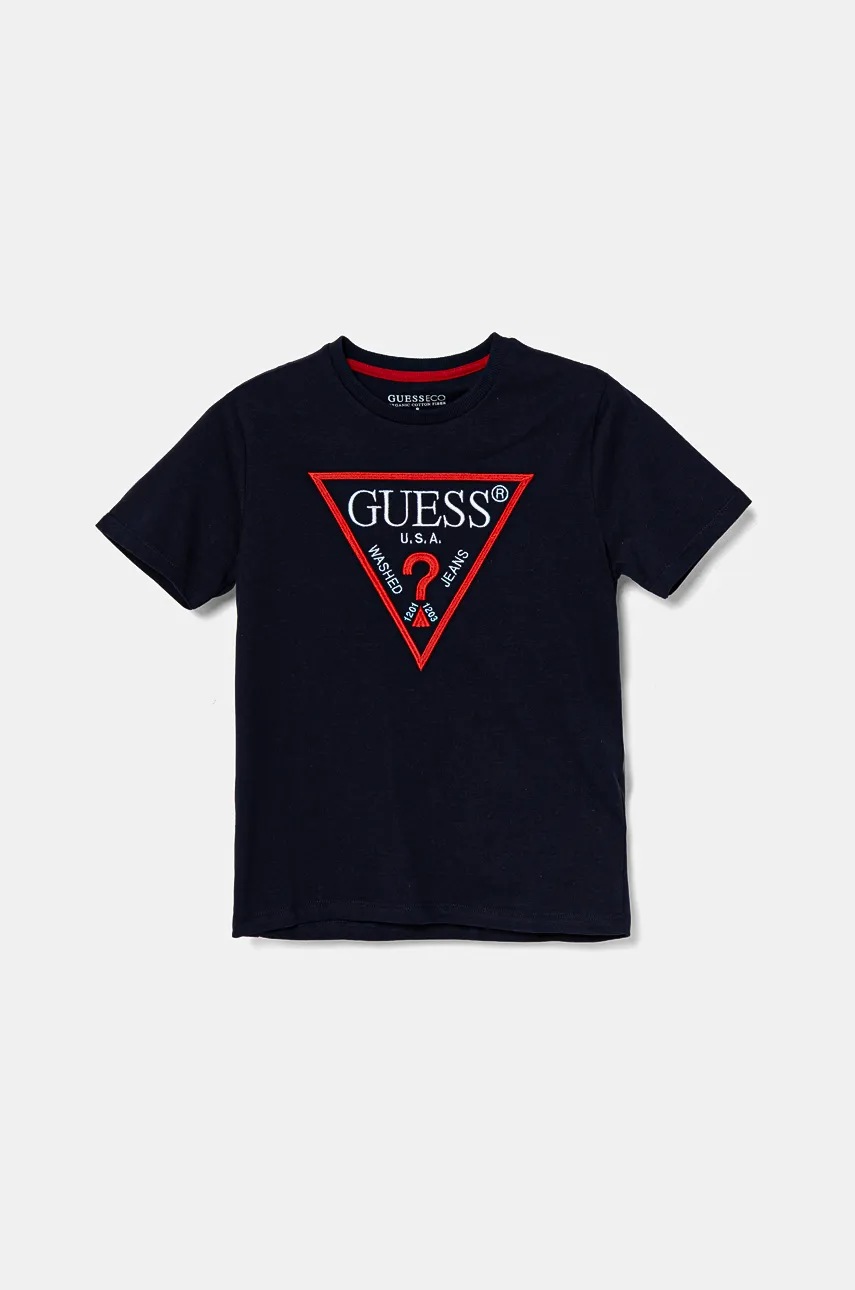 

Детска памучна тениска Guess в тъмносиньо с апликация L4YI54 K8HM4, Тъмносин
