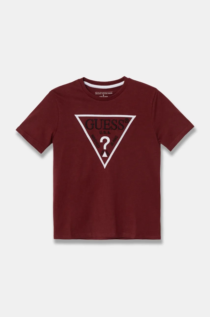 

Детска памучна тениска Guess в бордо с апликация L4YI54 K8HM4