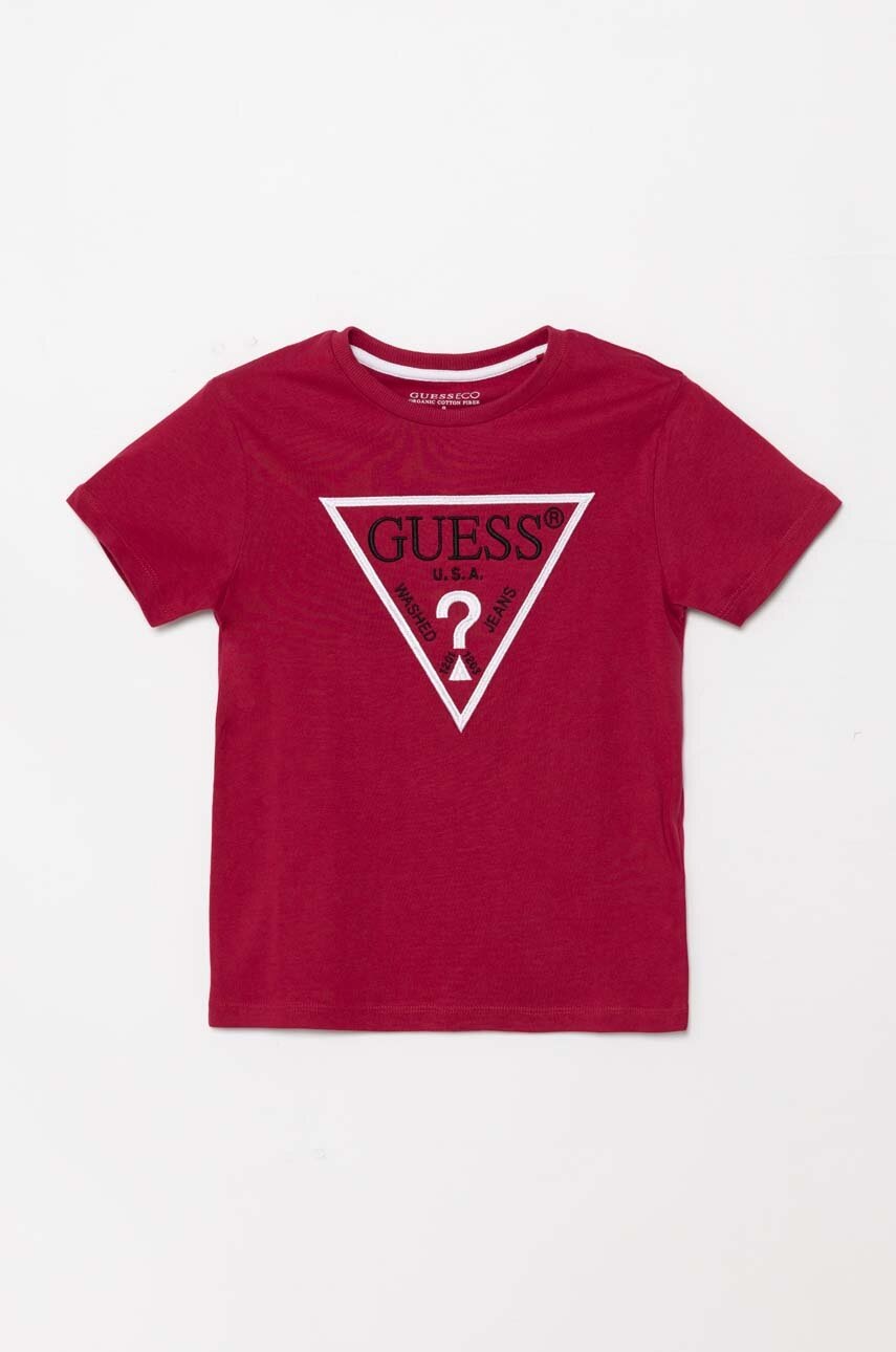 

Детска памучна тениска Guess в червено с апликация L4YI54 K8HM4, Червен