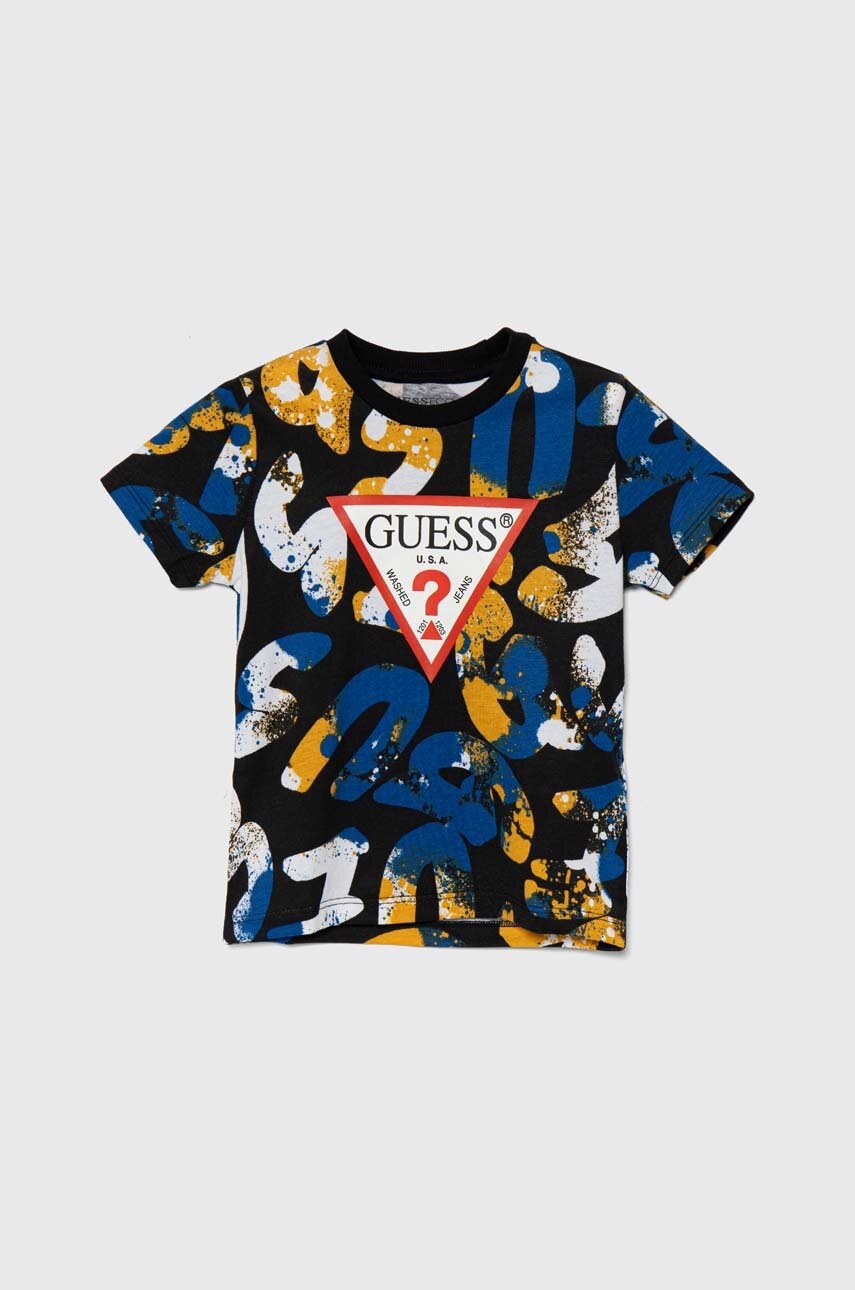 

Детска памучна тениска Guess в черно с десен N4YI06 K8HM3, Черен
