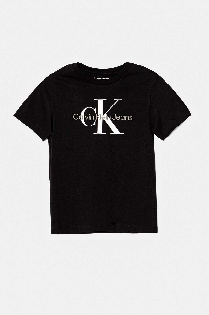 Levně Dětské bavlněné tričko Calvin Klein Jeans černá barva, s potiskem, IU0IU00676