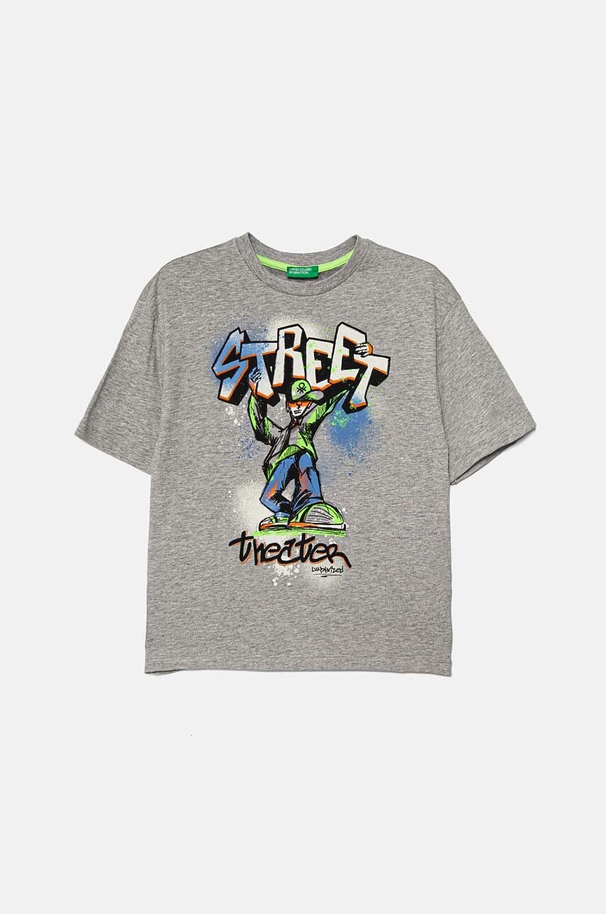 

Детска памучна тениска United Colors of Benetton в сиво с принт 3I1XC10JT, Сив