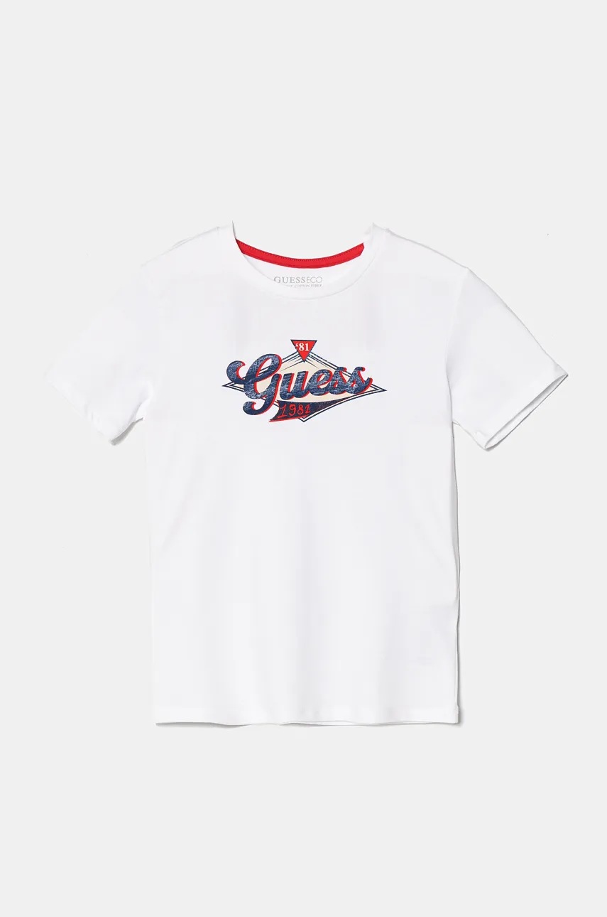 

Детска памучна тениска Guess в бяло с принт L4BI14 I3Z14, Бял
