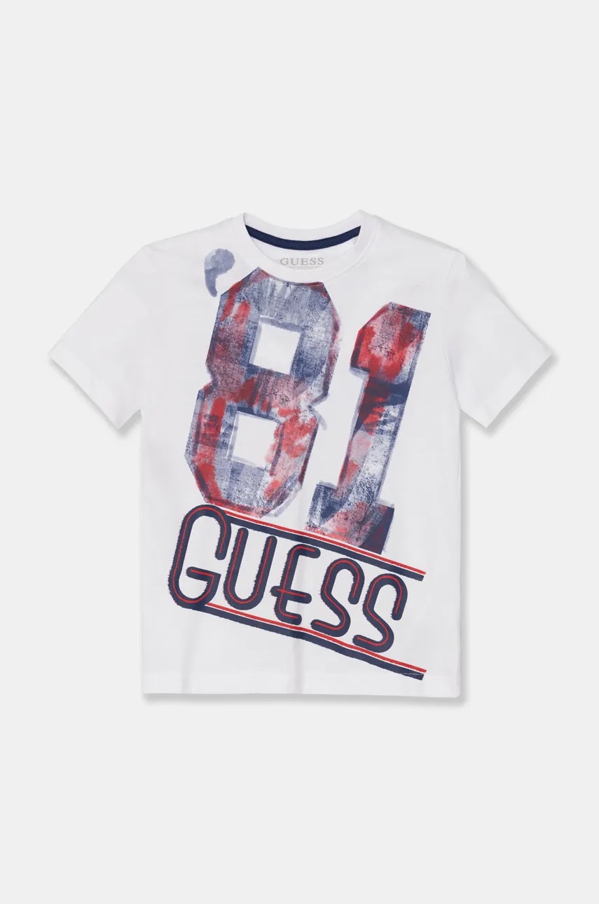 

Детска памучна тениска Guess в бяло с принт L4BI16 I3Z14, Бял