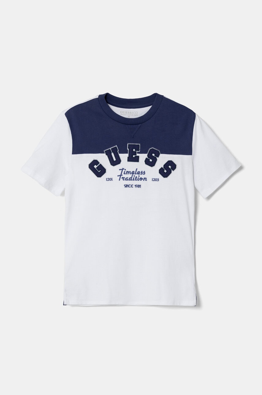 

Детска памучна тениска Guess в бяло с апликация L4BI20 I3Z14, Бял