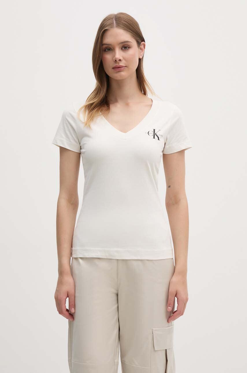 Βαμβακερό μπλουζάκι Calvin Klein Jeans 2-pack γυναικείο, χρώμα: μπεζ, J20J223447 φωτογραφία