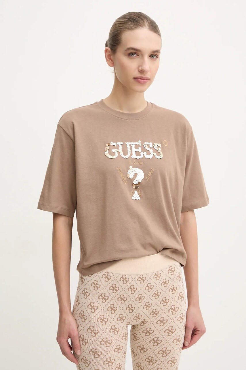 Levně Bavlněné tričko Guess AURLIE béžová barva, V4YI06 I3Z14