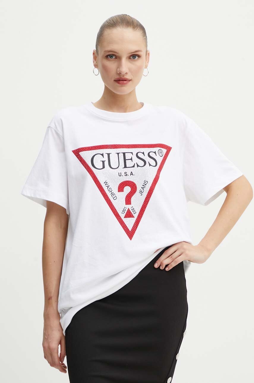 

Памучна тениска Guess SHINY в бяло W4YI34 I3Z14, Бял