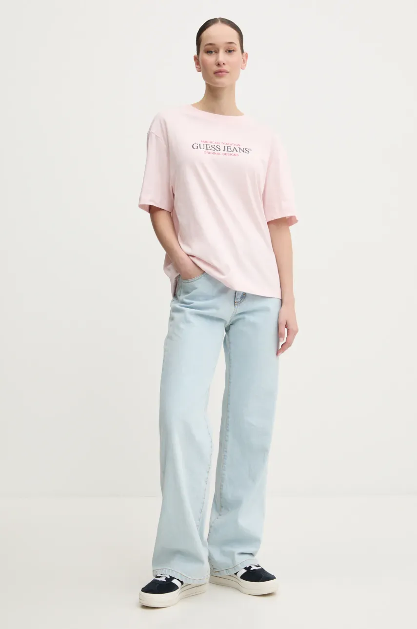 Хлопковая футболка Guess Jeans женская цвет розовый W4YI08 K8HM0 Хлопковая футболка Guess Jeans женская цвет розовый W4YI08 K8HM0