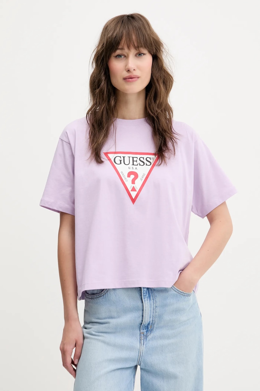 Levně Bavlněné tričko Guess Jeans fialová barva, W4YI73 K8HM0