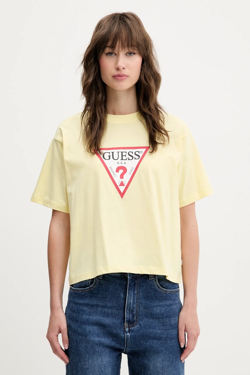 Levně Bavlněné tričko Guess Jeans žlutá barva, W4YI73 K8HM0