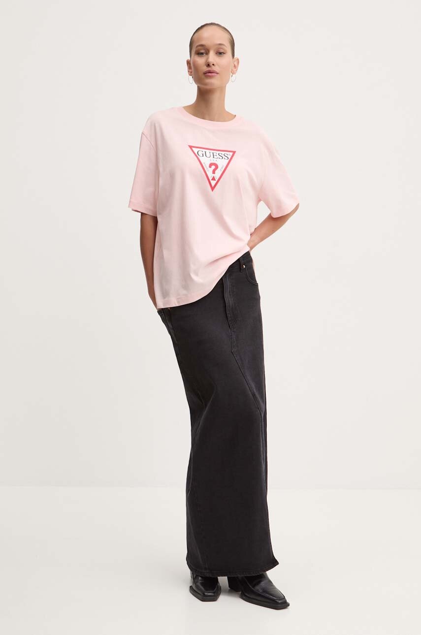 Βαμβακερό μπλουζάκι Guess Jeans γυναικείο, χρώμα: ροζ, W4YI76 K8HM0 φωτογραφία