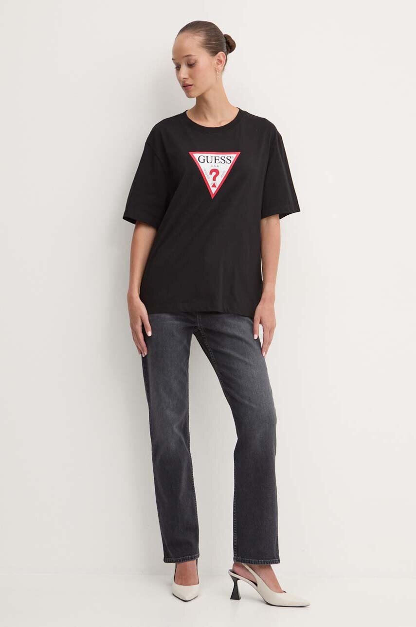 Βαμβακερό μπλουζάκι Guess Jeans γυναικείο, χρώμα: μαύρο, W4YI76 K8HM0 φωτογραφία