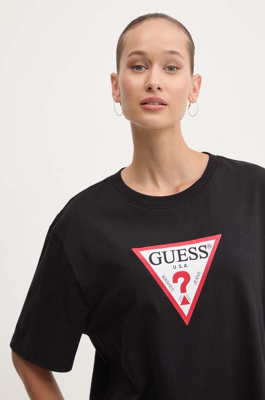Βαμβακερό μπλουζάκι Guess Jeans γυναικείο, χρώμα: μαύρο, W4YI76 K8HM0 φωτογραφία