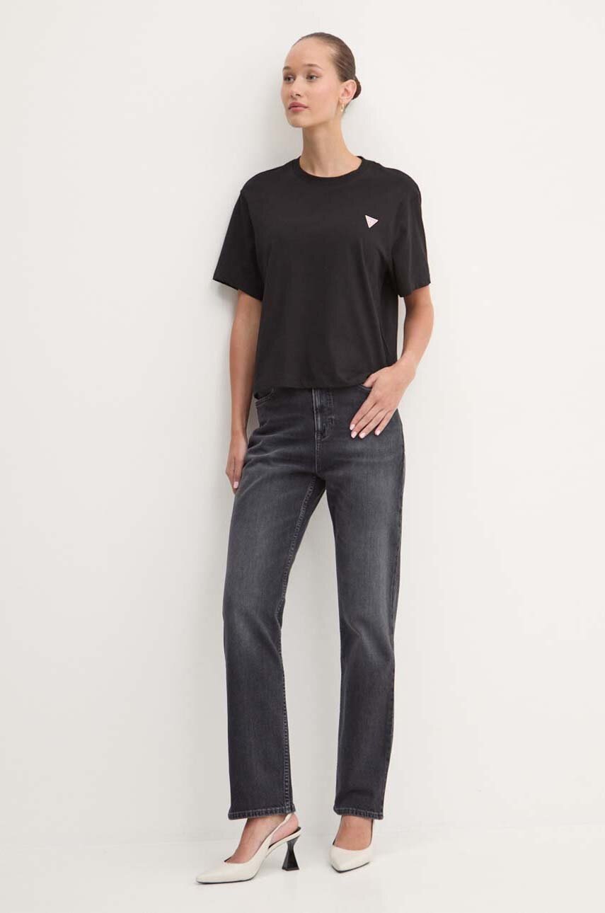 Βαμβακερό μπλουζάκι Guess Jeans γυναικείο, χρώμα: μαύρο, W4YI05 K8HM0 φωτογραφία