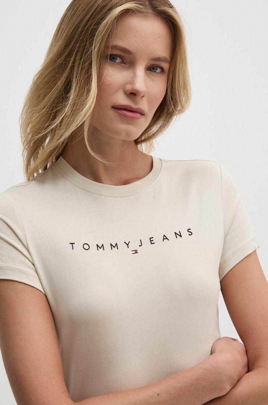 Tommy Jeans tricou din bumbac femei, culoarea bej, DW0DW18398