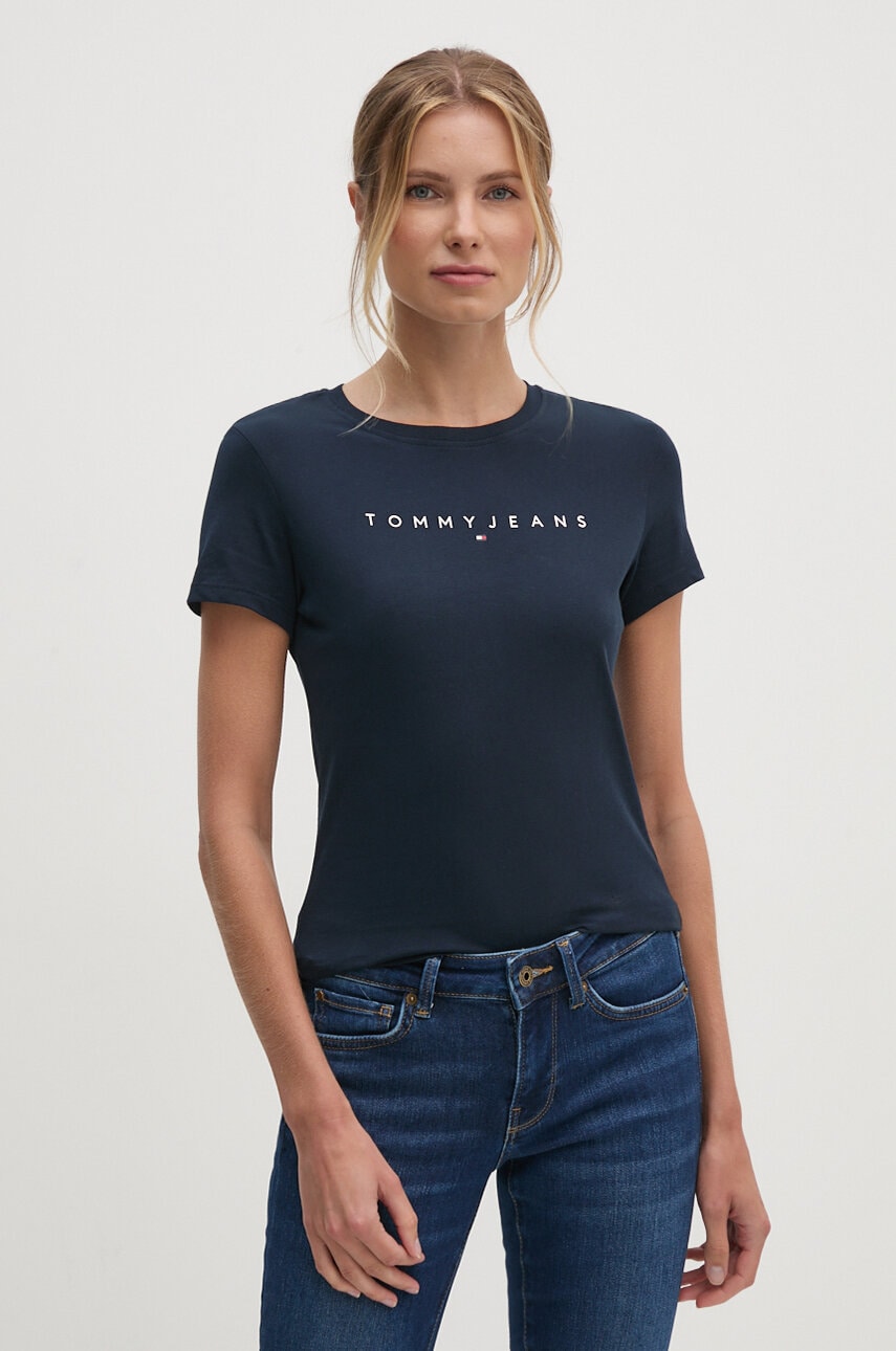 Tommy Jeans tricou din bumbac femei, culoarea albastru marin, DW0DW18398 Tommy Jeans tricou din bumbac femei, culoarea albastru marin, DW0DW18398