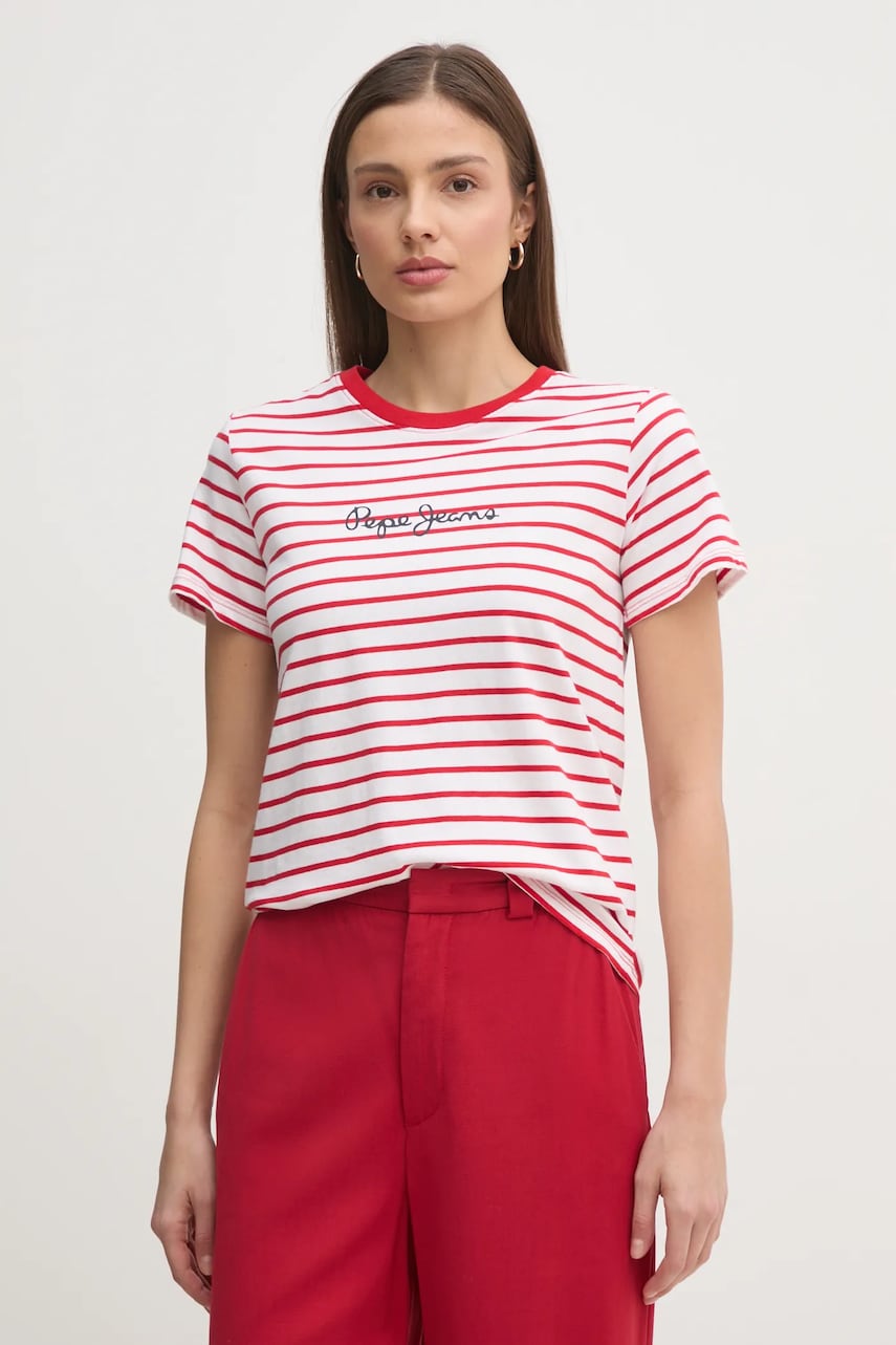Pepe Jeans tricou din bumbac ELBA femei, culoarea rosu, PL505876 Pepe Jeans tricou din bumbac ELBA femei, culoarea rosu, PL505876