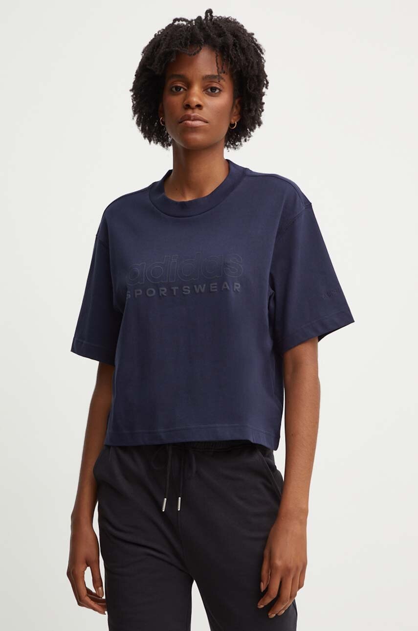 adidas tricou din bumbac All SZN femei, culoarea albastru marin, IW1061 adidas tricou din bumbac All SZN femei, culoarea albastru marin, IW1061