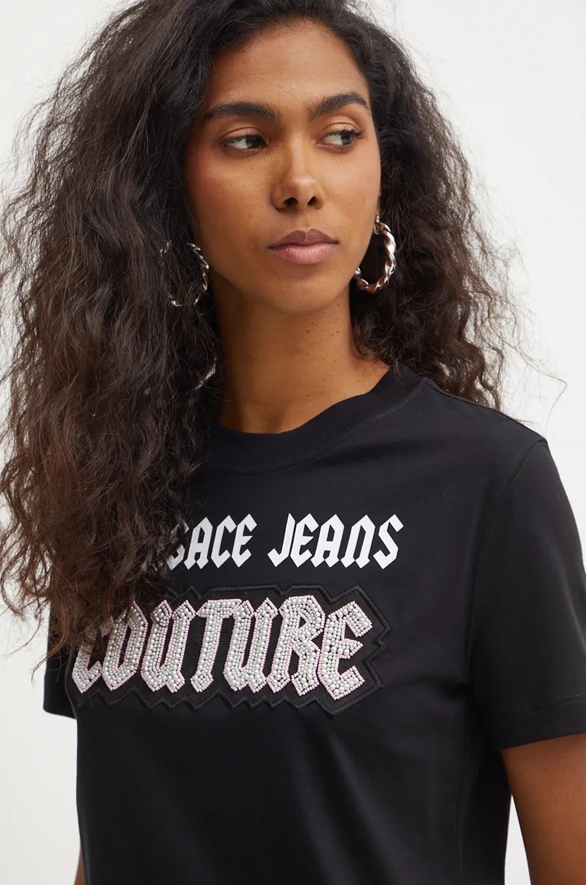 Βαμβακερό μπλουζάκι Versace Jeans Couture γυναικείο, χρώμα: μαύρο, 77HAHC02 CJ01C φωτογραφία