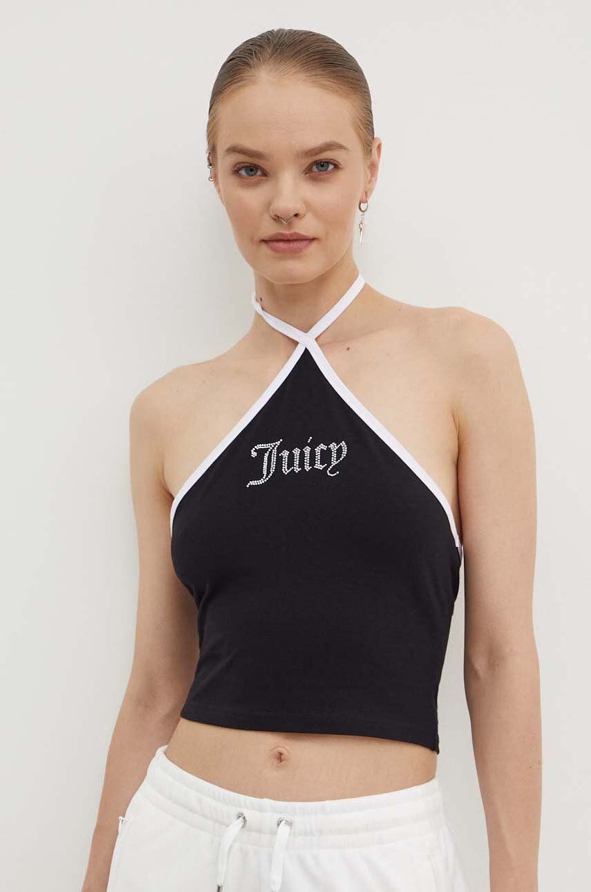 Juicy Couture top CONTRAST CROSS OVER HALTER TOP femei, culoarea negru, JCWCT24304