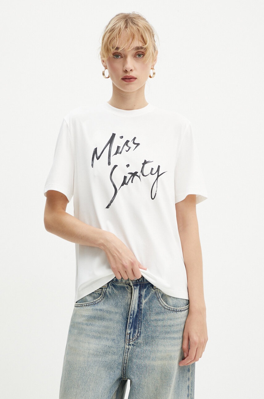 Miss Sixty tricou din amestec de mătase culoarea bej, 6L3SJ3780000
