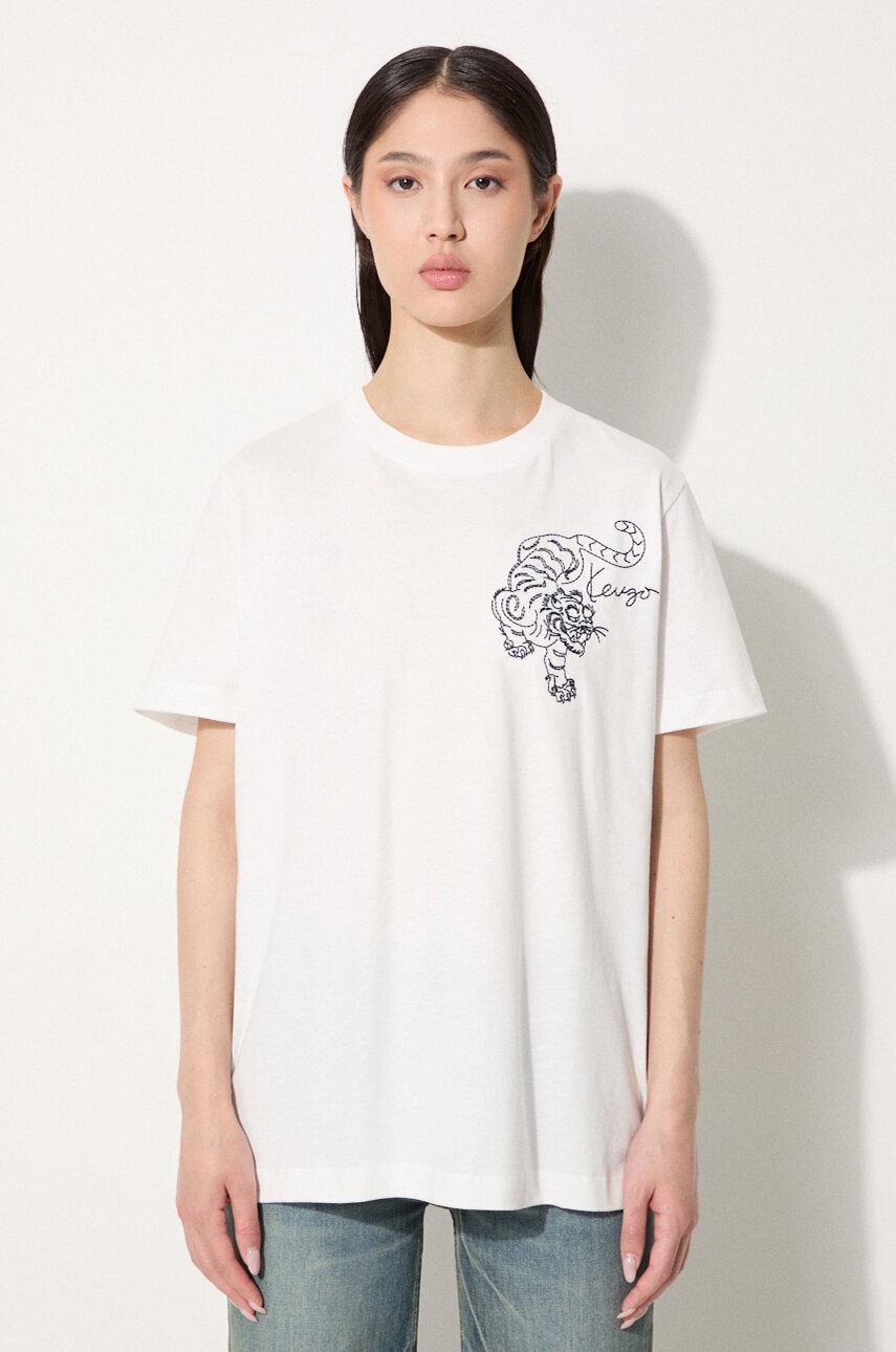 Kenzo tricou din bumbac Gots Star Tiger Emb Loose femei, culoarea alb, FE62TS1354SG.02
