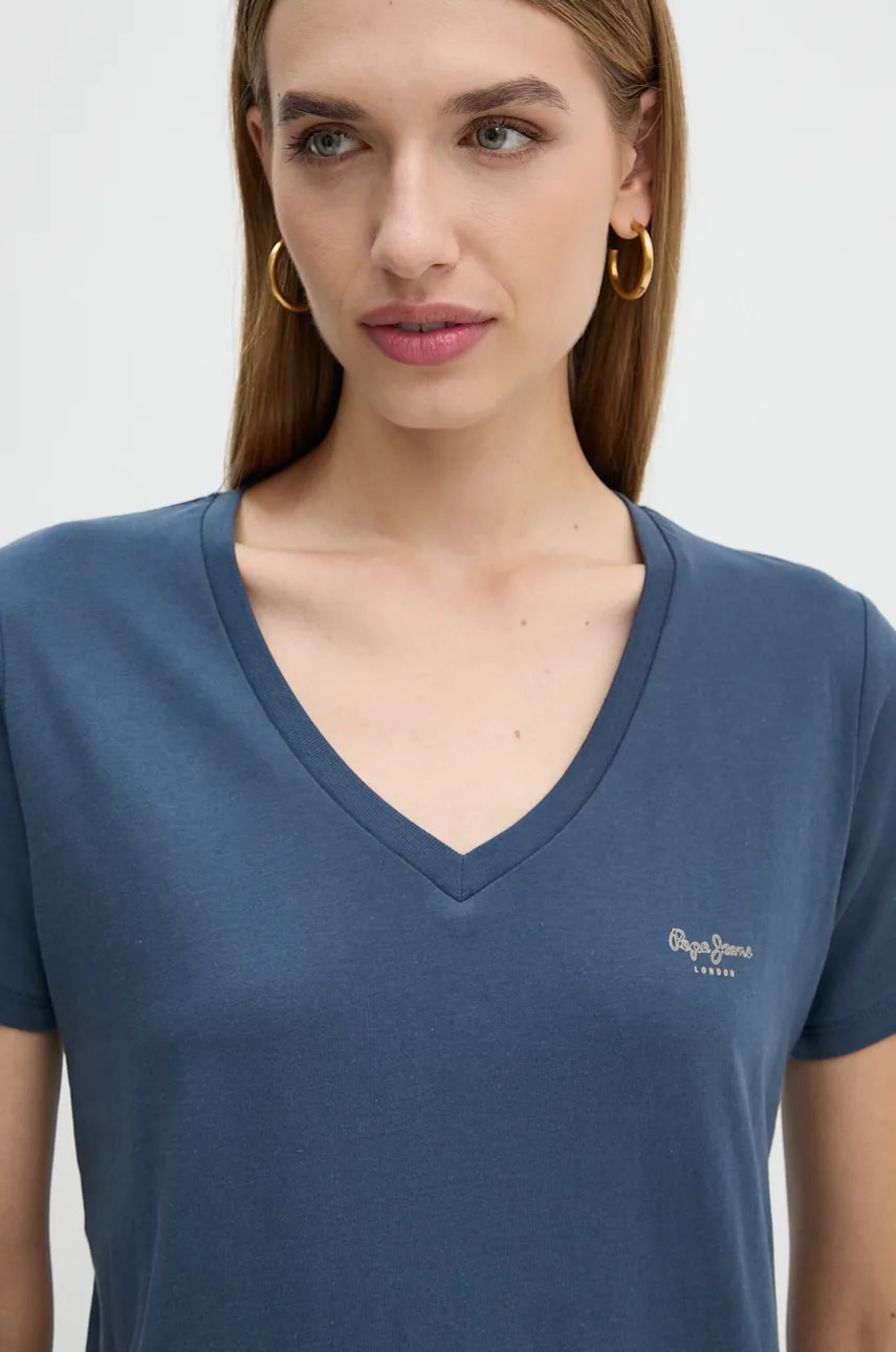 Pepe Jeans tricou din bumbac FIORE V NECK femei, culoarea albastru marin, PL505948
