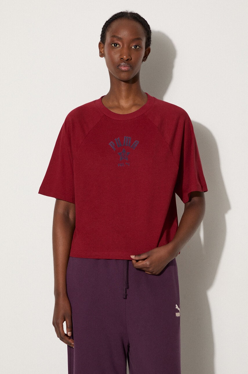 Puma tricou din bumbac Classics Play Paris Relaxed Tee femei, culoarea bordo, 626808 Puma tricou din bumbac Classics Play Paris Relaxed Tee femei, culoarea bordo, 626808