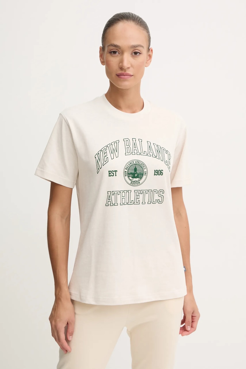 New Balance tricou din bumbac femei, culoarea bej, WT43548LIT