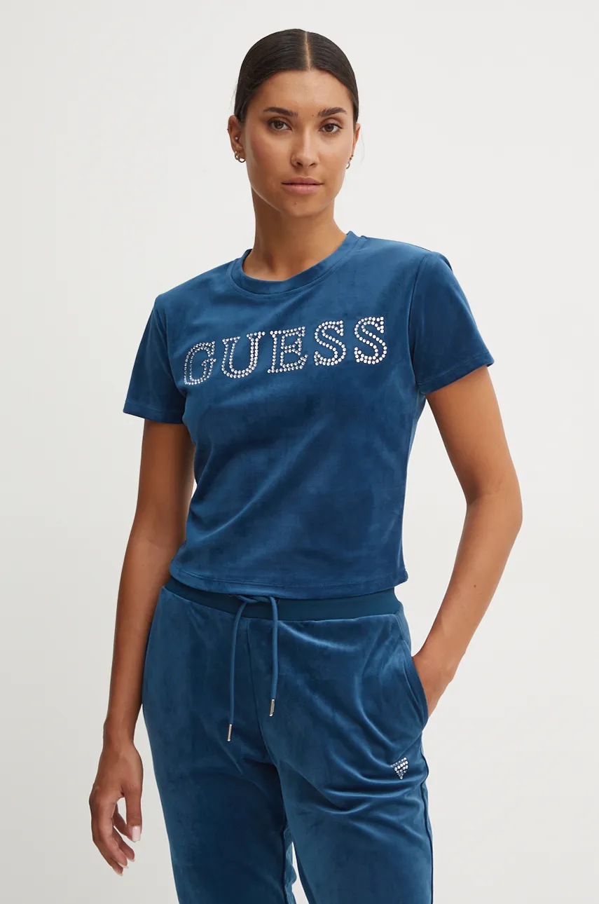 

Кадифена тениска Guess COUTURE в тюркоазено V4BI29 KBXI2, Тюркоазен